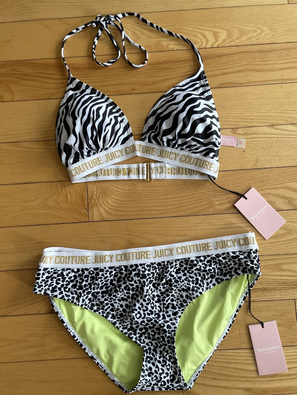 NWT Juicy Couture Black & White Animal-Print Bikini Set with Gold Logo